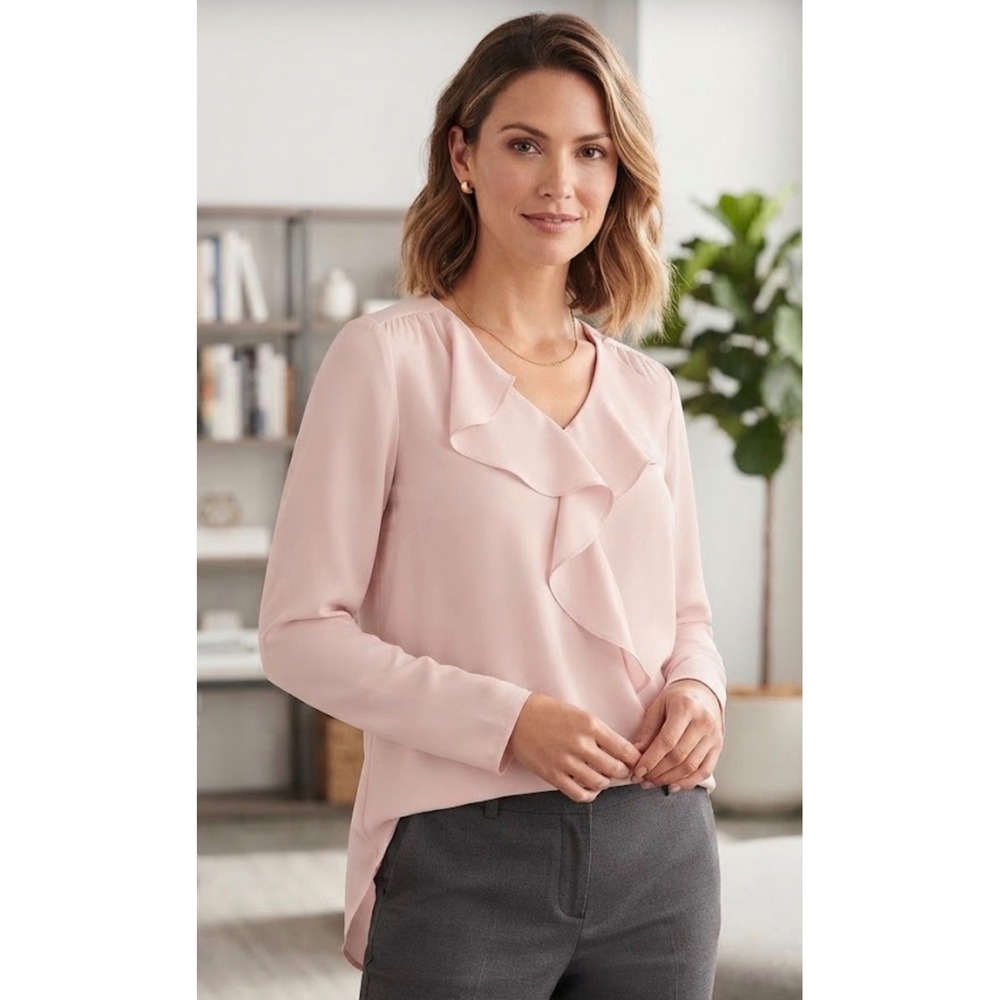 White House Black Market Blush Pink Ruffle Wrap Blouse Long Sleeve Size 12